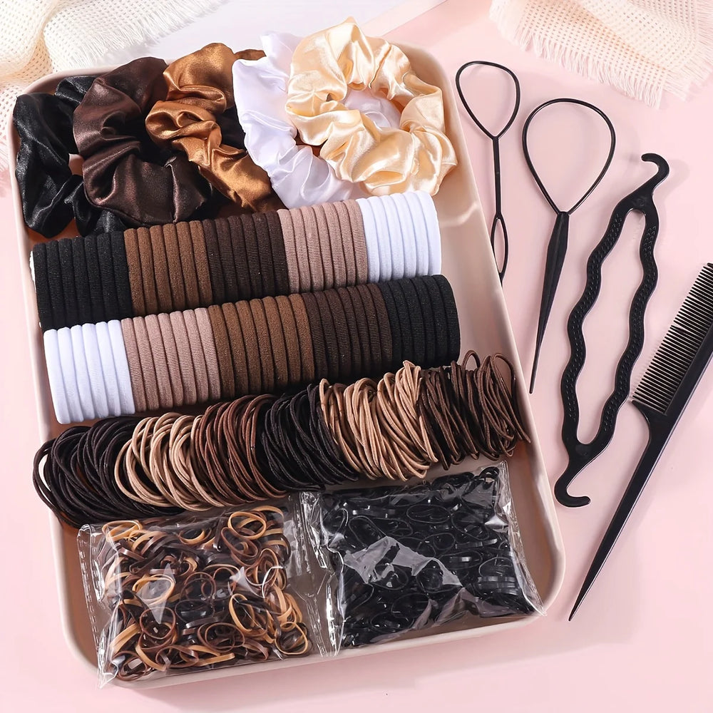 Women Dark Hair Set Elastic Seamless Ponytail Scrunchies Small Rubber Bands Hair Ties Headbands