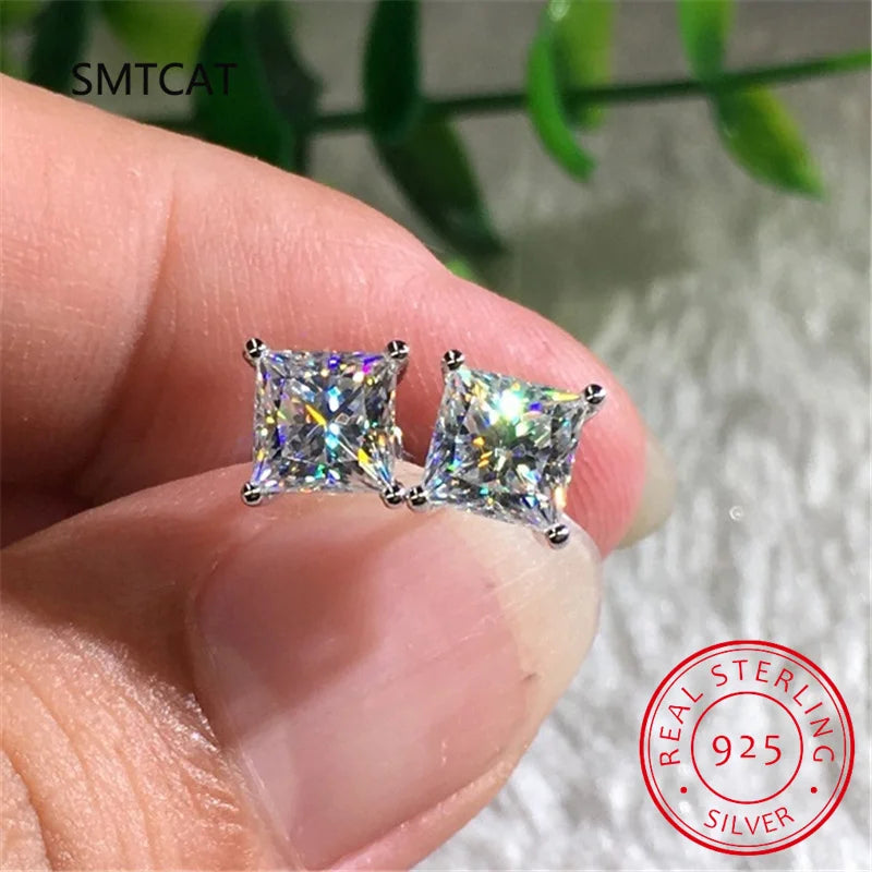 Princess Cut 0.4-5CT Moissanite Stud Earrings for Women Men VVS Simulated Diamond Ear St detail view
