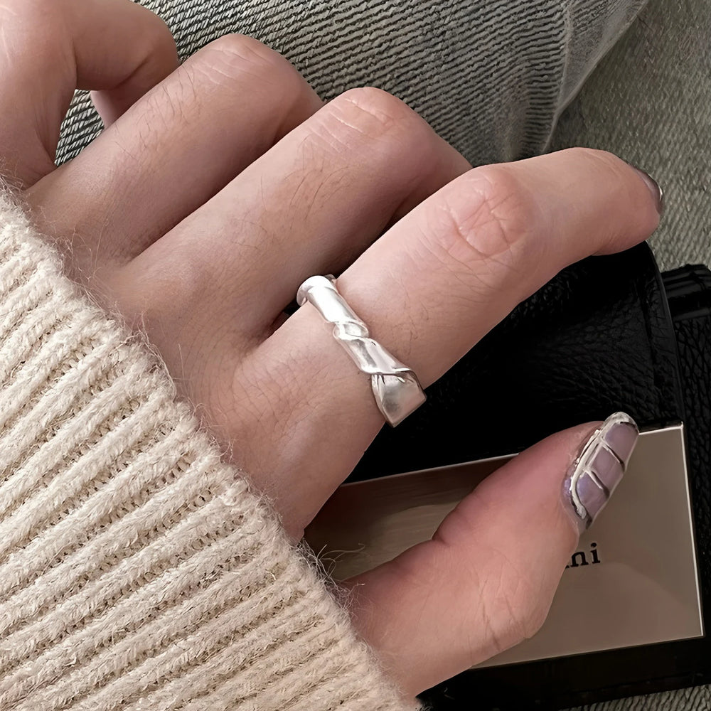 PANJBJ 925 Sterling Silver Frosting Geometry Ring for Women Wide Texture Versatile additional angle