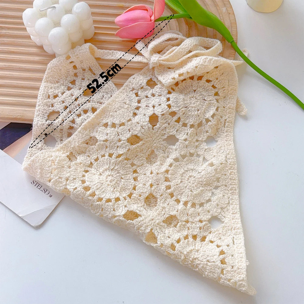 Lace Hollow Out Triangle Hair Scarf Headband Women Girls Cotton Knitted Flower Headbands detail view