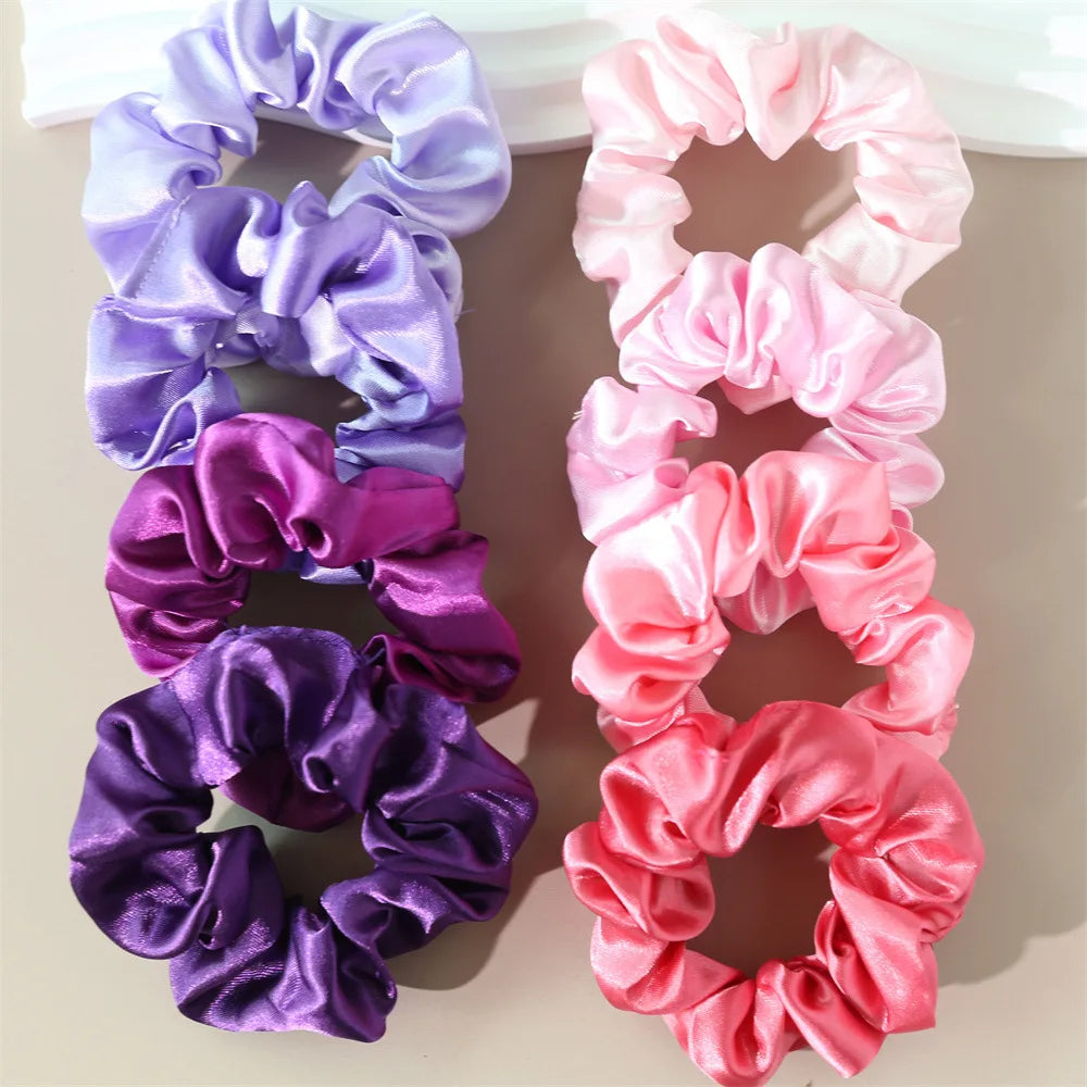 8Pcs/set Bright Color Silk Hair Scrunchies Women Y2K Solid Color Elastic Hair Bands Pony detail view