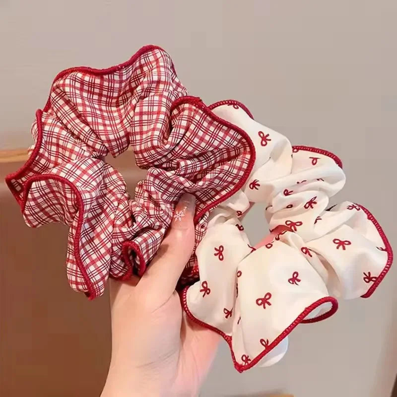 2/3pcs High End Red Cute Dot Plaid Scrunchies for Women Girls Soft Elastic Hair Ties lifestyle view
