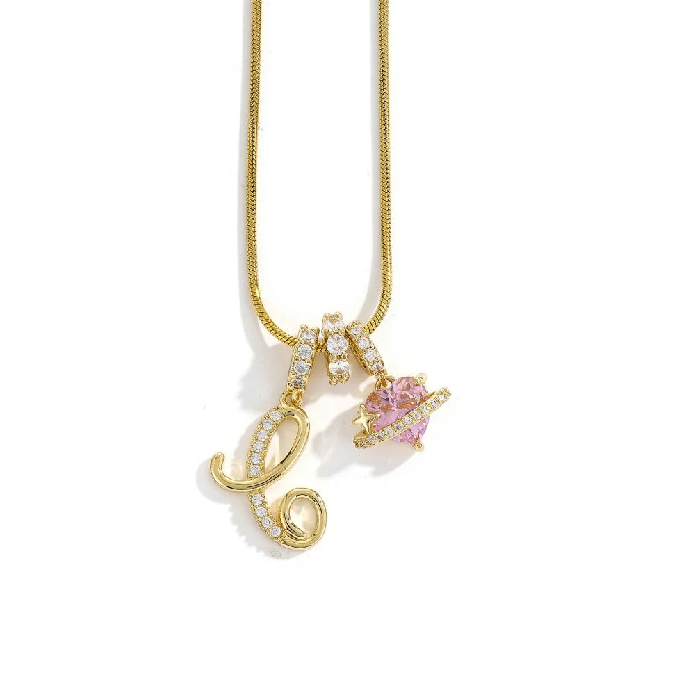 Gold Color Zircon Flower Pendant Necklace Female A-Z 26 Letter Alphabet Wedding Jewelr close-up view