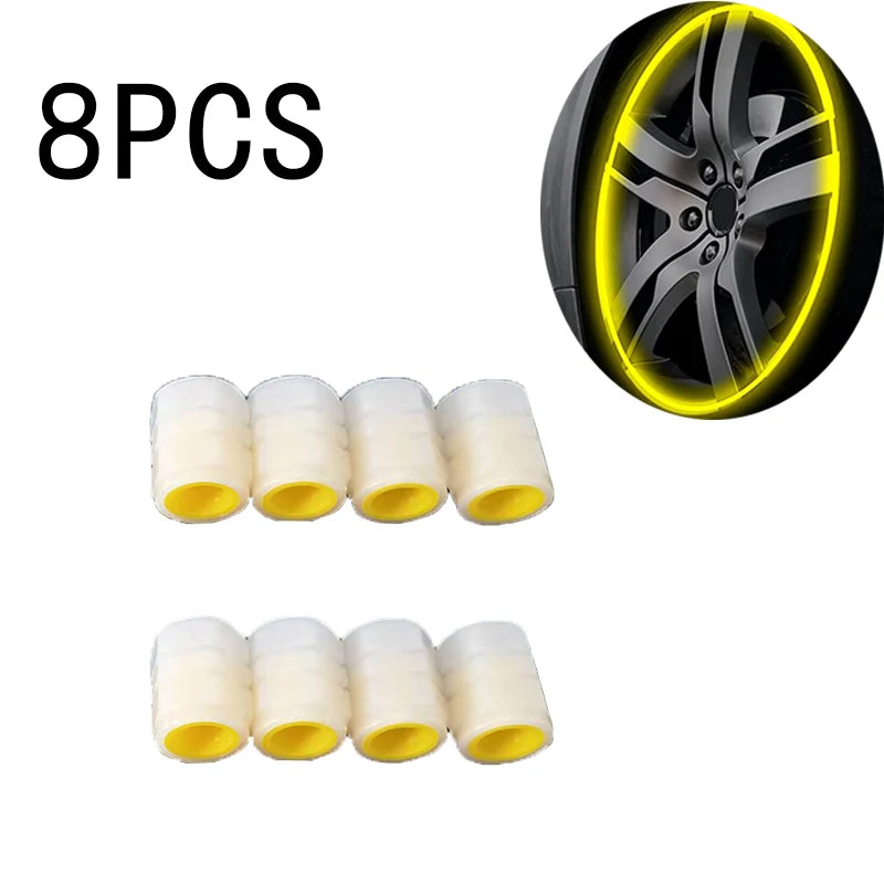 Automobile Tire Valve Cap Fluorescent Yellow Night Glowing Car Motorcycle Wheel Stylin close-up view