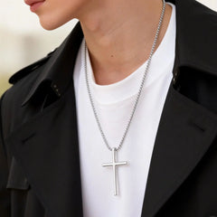 Fashionable Cross Pendant Necklace | Unisex Stainless Steel Box Chain close-up view