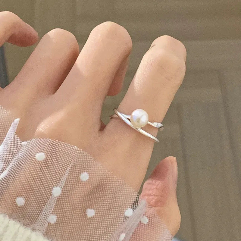 PANJBJ 925 Sterling Silber Perlen Unregelmäßiger Ring | Damen Muschel Überlappend Hohl Süßes Design Schmuck