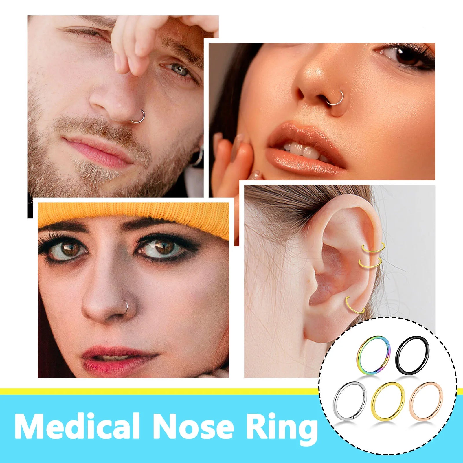 5/10Pcs 16G Nose Ring Hoop Stainless Steel Hinged Nose Rings Septum Clicker Tragus He lifestyle view