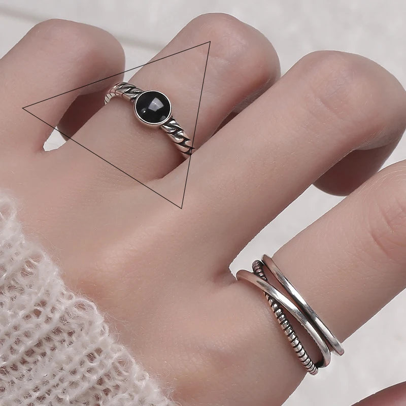 VENTFILLE 925 Sterling Silber Geometrischer Mehrschichtiger Ring mit runden Perlen | Modischer Punk-Temperament-Schmuck