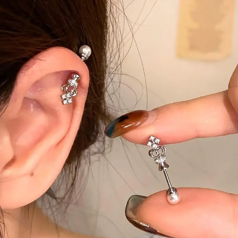New Fashion Shiny Zircon Cross Ear Stud Women Ear Bone Nail Body Piercing Jewelry close-up view