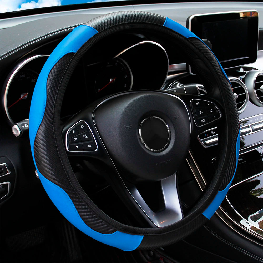 PU Carbon Fiber Leather Car Steering Wheel Cover | 14.5-15 Inch Grip Enhancer close-up view