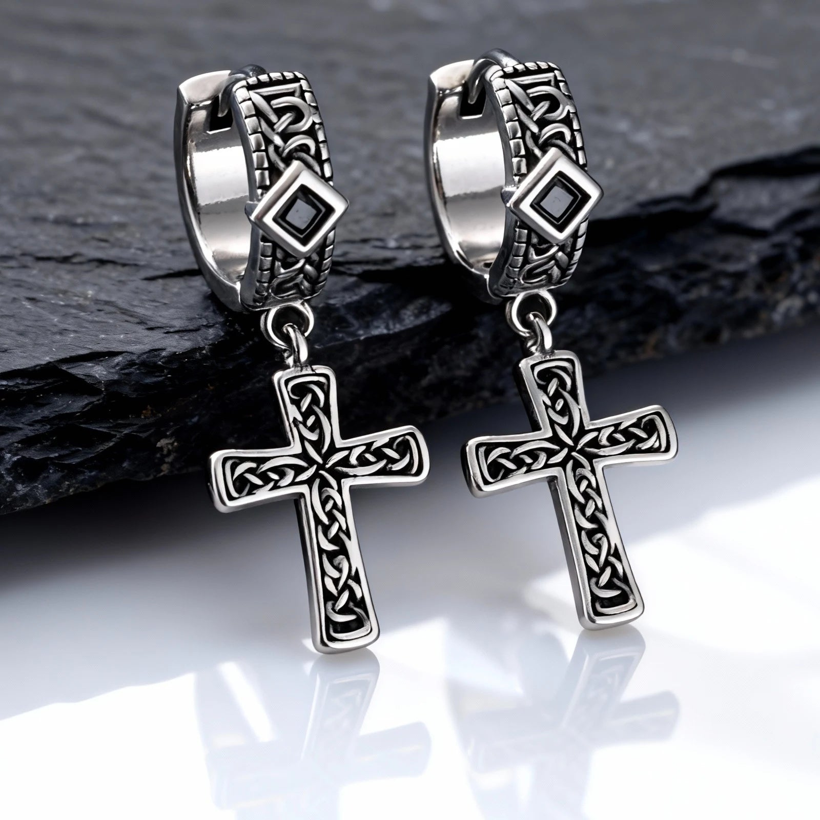 Vintage Celtic Knot Cross Hoop Earrings for Men,Anti Allergy BlackS Square Zircon Drop Earrings,Viking Jewelry Gift
