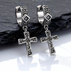 Vintage Celtic Knot Cross Hoop Earrings for Men,Anti Allergy BlackS Square Zircon Drop Earrings,Viking Jewelry Gift