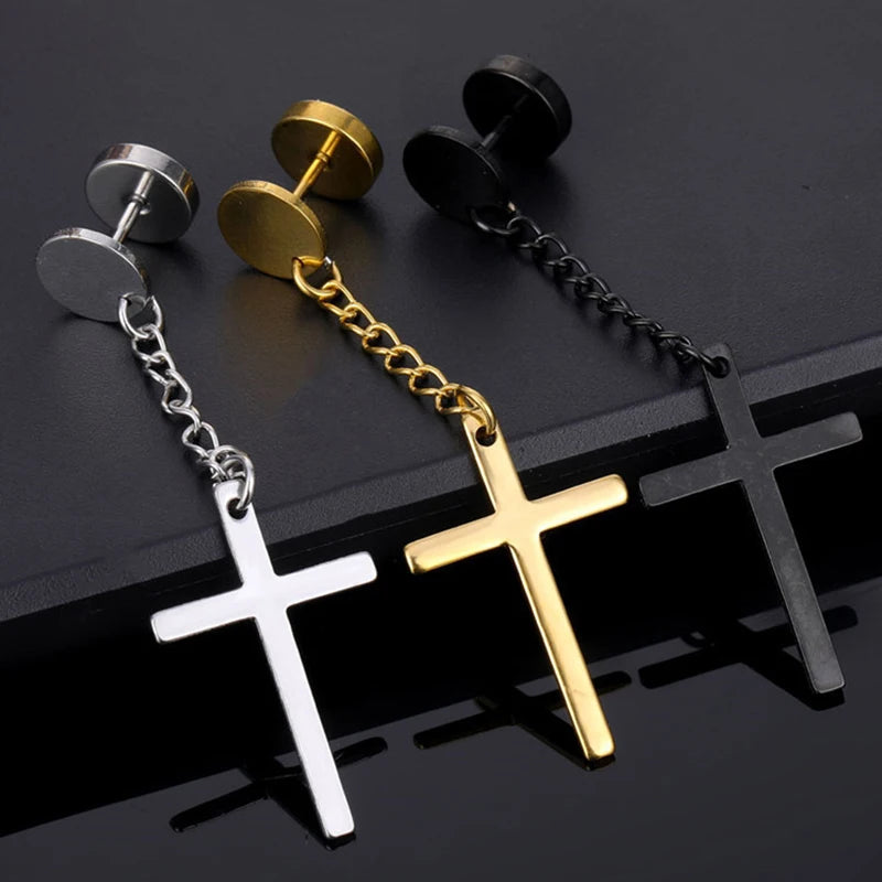 1 Pairs Punk Gothic Stainless Steel Stud Earring Cross Round Fake Ear Taper Dumbbell Fashion Women M