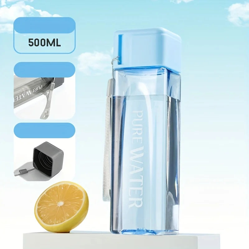 minimalist square plastic water cup, leak proof, with drawstring and lid, portable sport detail view