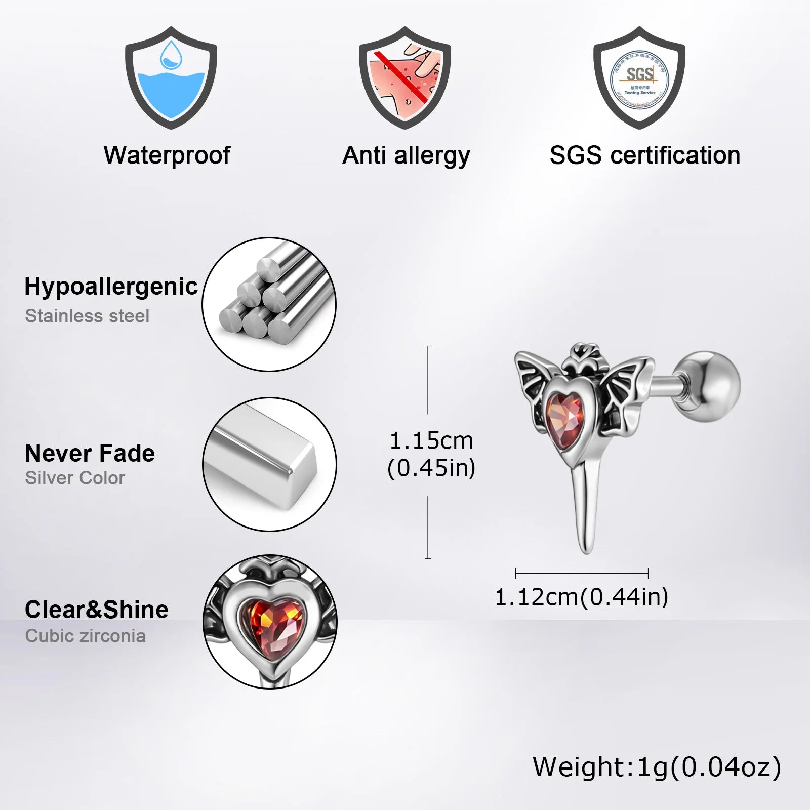 Stainless Steel Heart Zircon Wings Stud Earrings | Unisex Vintage Punk Gothic Jewelry close-up view
