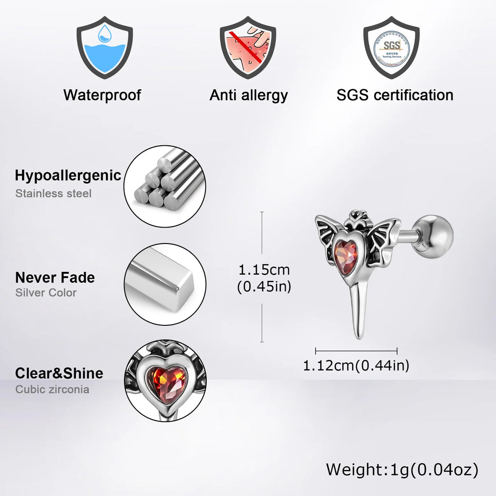 Stainless Steel Heart Zircon Wings Stud Earrings | Unisex Vintage Punk Gothic Jewelry close-up view