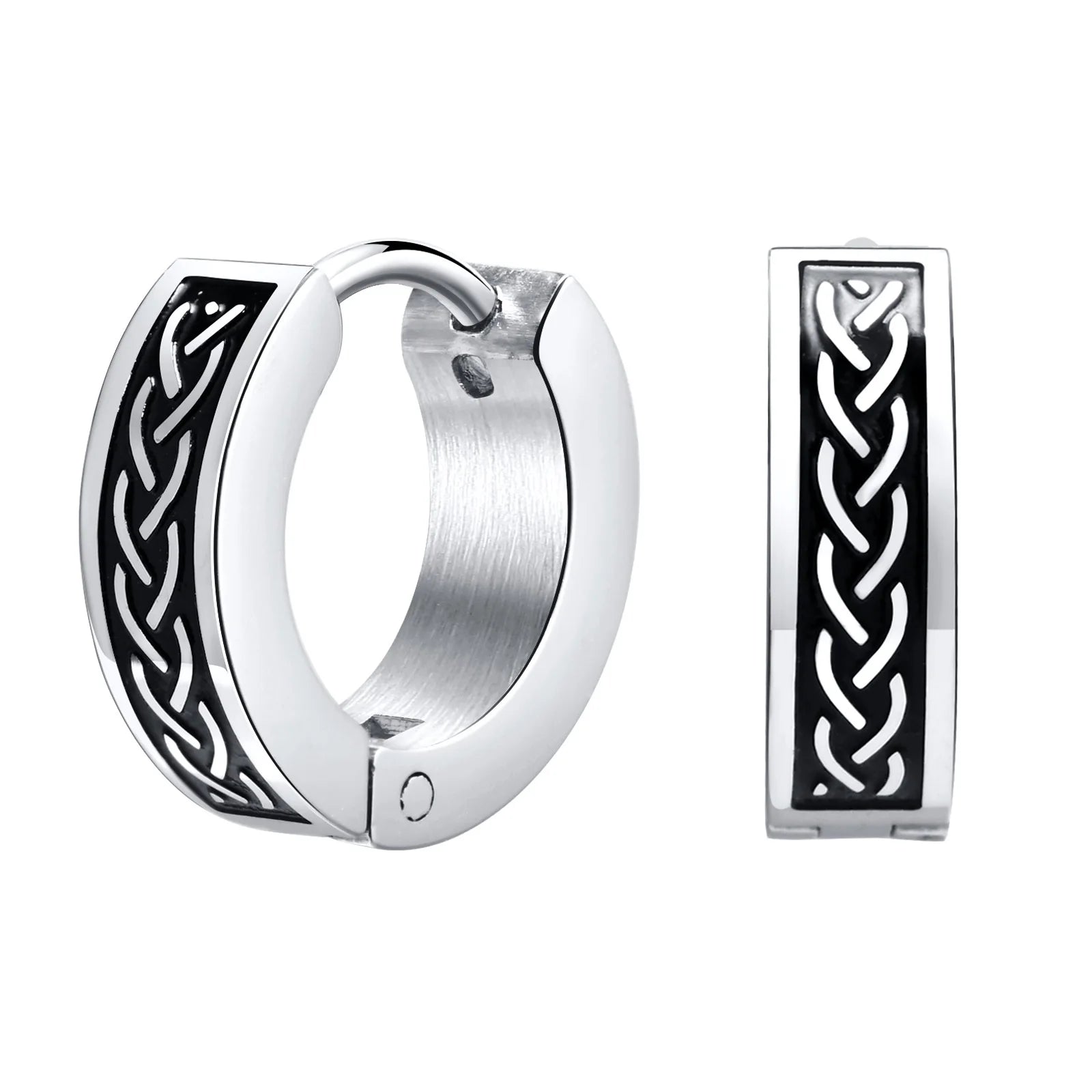 Mens Celtic Knot Hoop Earrings | Hypoallergenic Stainless Steel Huggie Earrings close-up view