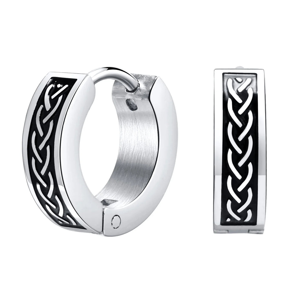 Mens Celtic Knot Hoop Earrings | Hypoallergenic Stainless Steel Huggie Earrings close-up view