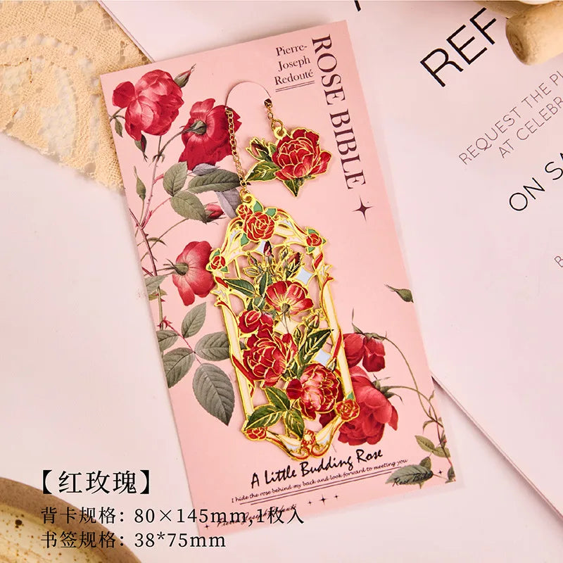Retro Metal Aesthetic Rose Bookmark Pendant Chinese Style Floral Painting Bookmark St lifestyle view