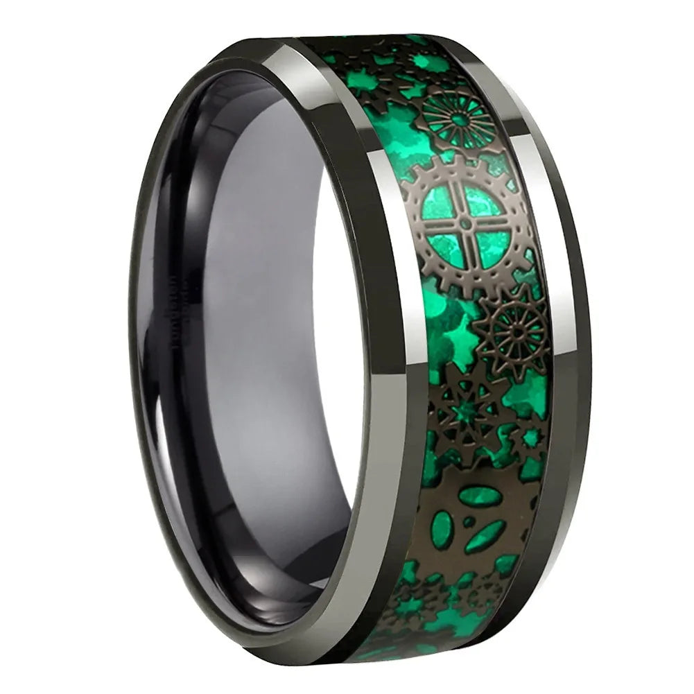 8MM Fashion Men Gear Inlay Steel Ring Polished Green Carbon fiber Stainless Steel Rin alternate view