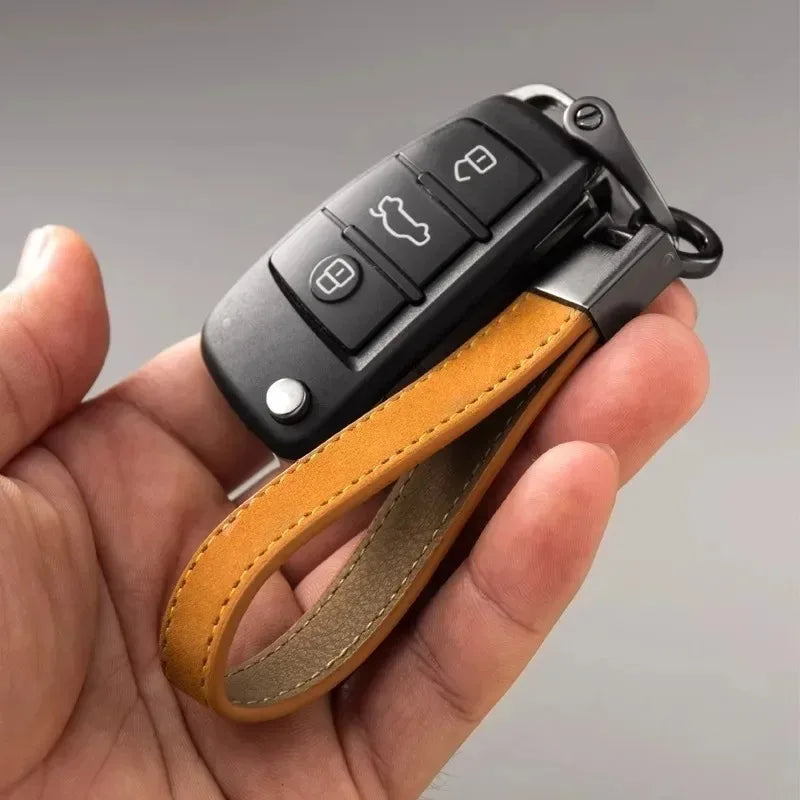Luxury Genuine Leather Car Keychain | Pure Color Key Ring with Metal Buckle close-up view