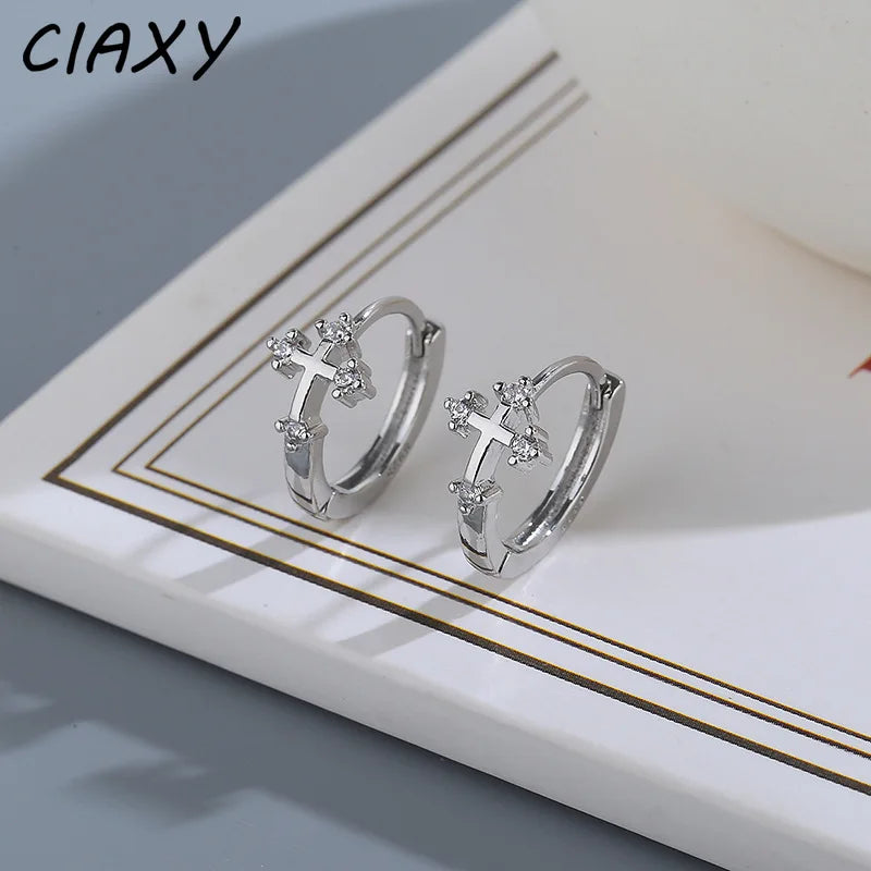 CIAXY Silver Color Cross Ear Hoop Earrings for Men and Women Couples Personality Zircon Ear Buckle Punk Jewelry