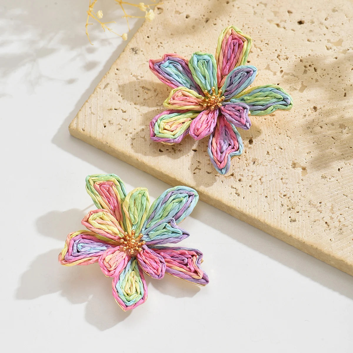 Boho Handmade Raffia Flower Earrings | Unique Summer Floral Drop Earrings for Women additional angle