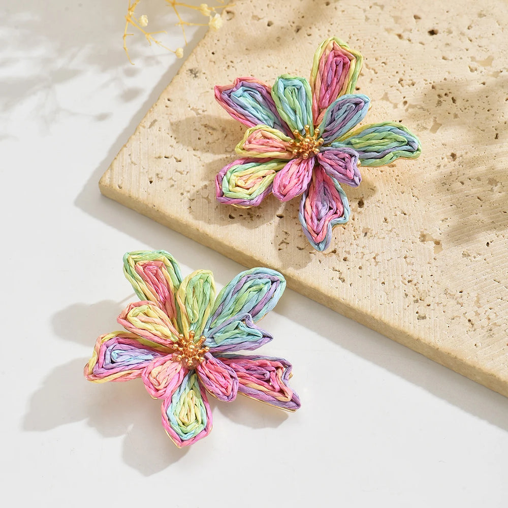 Boho Handmade Raffia Flower Earrings | Unique Summer Floral Drop Earrings for Women additional angle