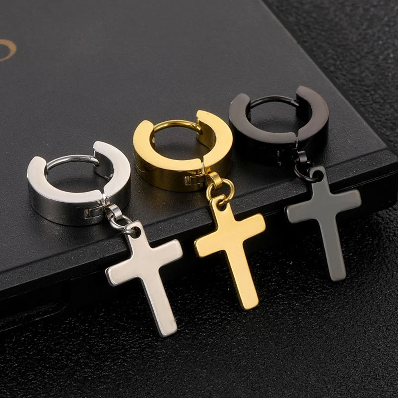2pc Stainless Steel Men Cross Stars Punk Dangle Earrings Gothic Woman Cross Ear Hoop alternate view