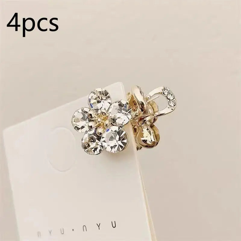 【Xia2】4Pcs Mini Rhinestone Flower Hair Clips With Shiny Crystal And Sturdy Gold Base Perfect For Braid Styling Daily Wear{S}