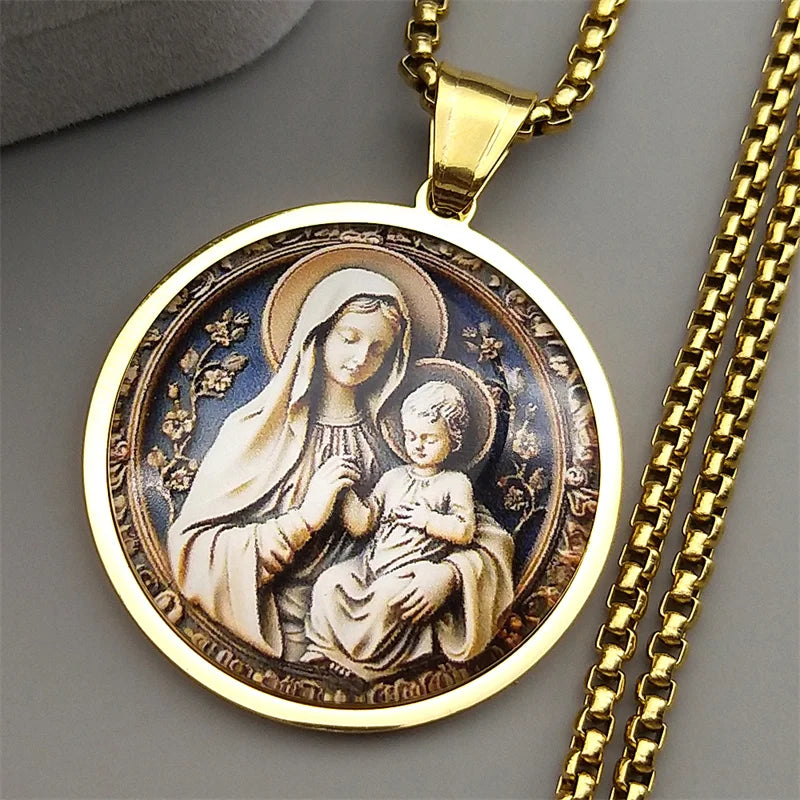 Virgin Mary Hold Baby Jesus Glass Round Medal Pendant Necklace | Gold Stainless Steel lifestyle view