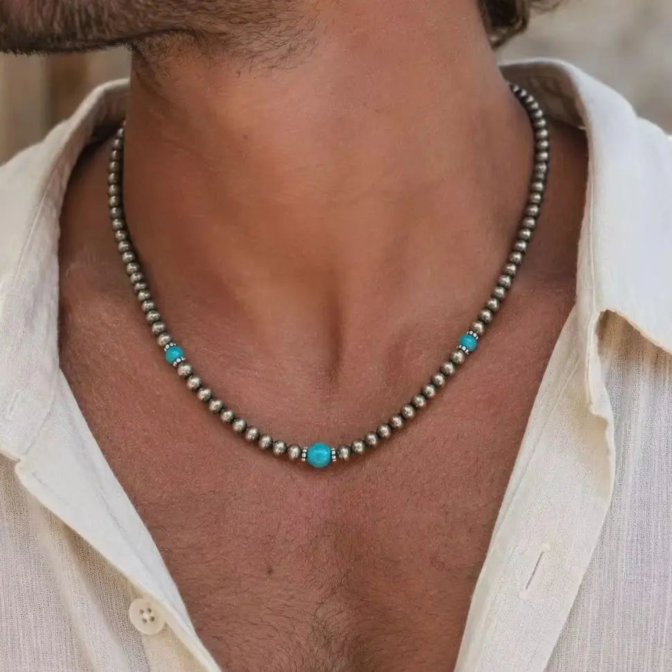 Synthetic Turquoise Necklace for Men | Natural Stone Mini Beads Summer Beach Bohemian Je detail view