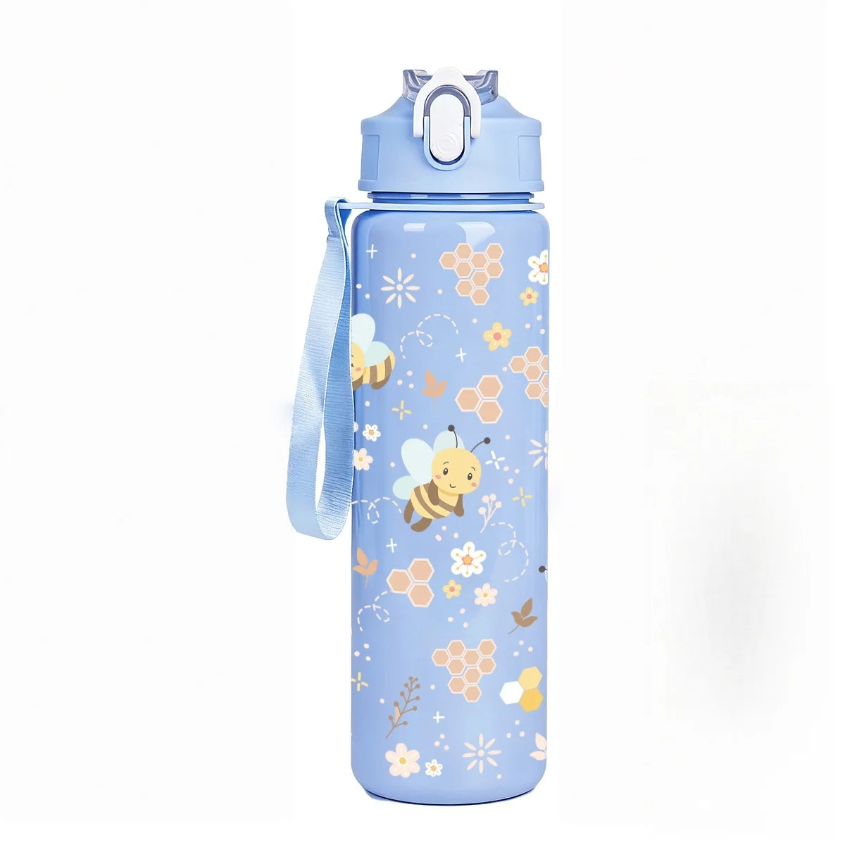 Sweet Honeycomb Bee Pattern Reusable Plastic Water Bottle, Lightweight Leakproof Flip close-up view