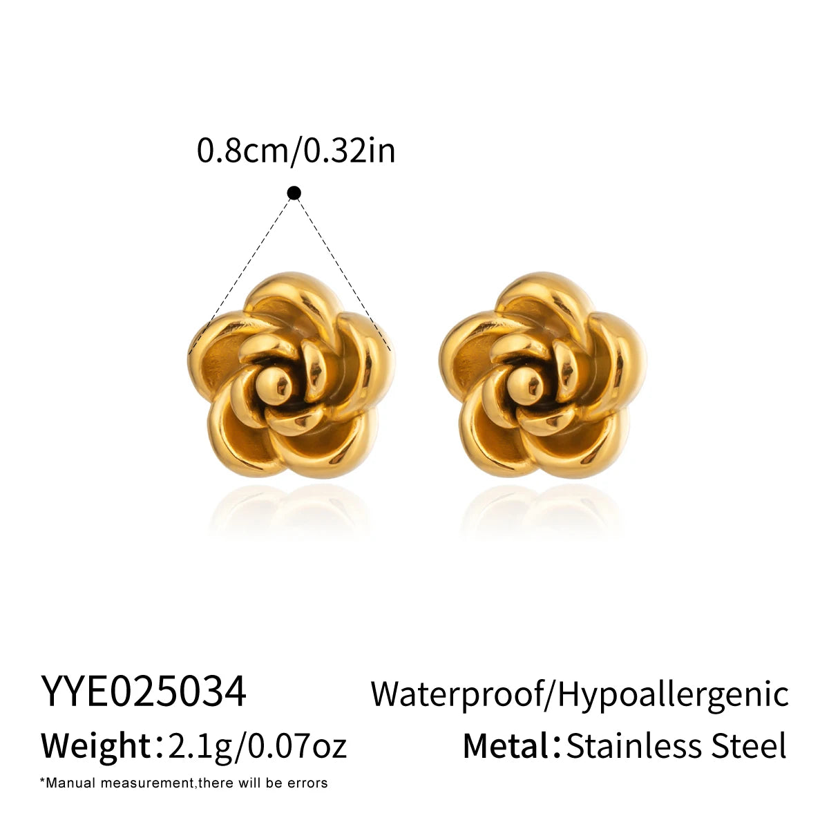 Rose Flower Stud Earrings | 18K Gold Plated Stainless Steel Daily Jewelry for Women close-up view