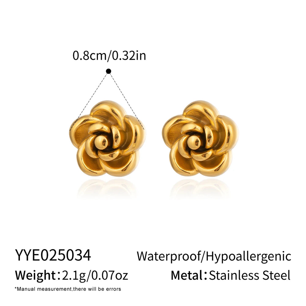 Rose Flower Stud Earrings | 18K Gold Plated Stainless Steel Daily Jewelry for Women close-up view