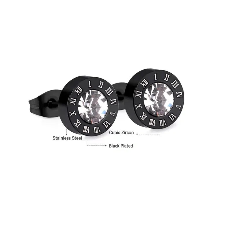 2Pcs 316 Stainless Steel Round Shine AAA CZ Diameter Roman Numeral Stud Earrings For alternate view