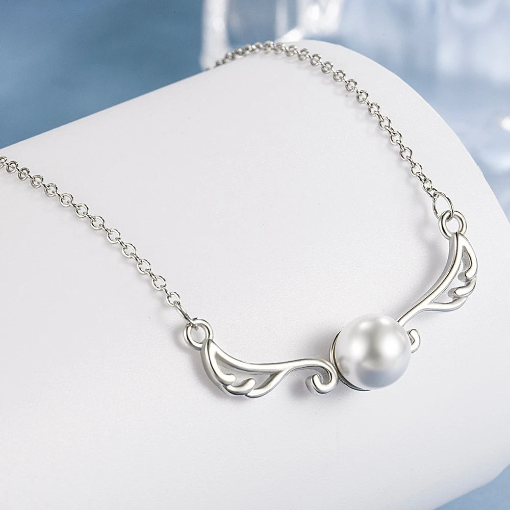 925 Sterling Silver Light Luxury Premium Wings Pearl Necklace Anniversary Birthday Par close-up view