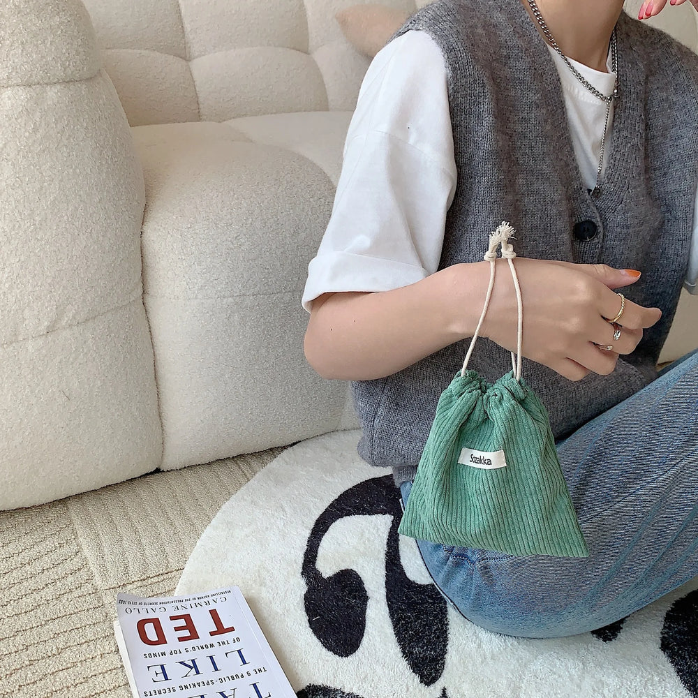 Corduroy Drawstring Pouch | Versatile Storage Bag for Jewelry, Cosmetics, and Small Es close-up view