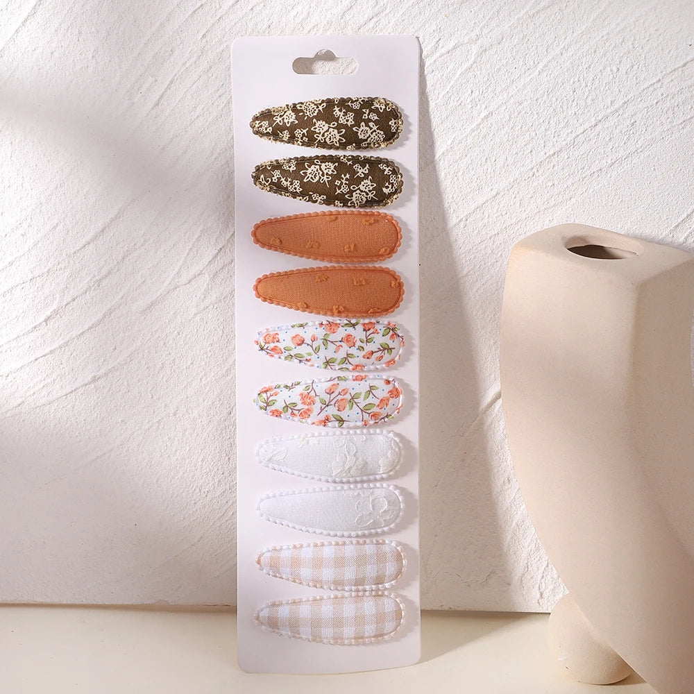 10Pcs/Lot Fresh Print Cotton Alloy Hair Clips for Kids Fabric Plaid BB Hairpins Girl H close-up view