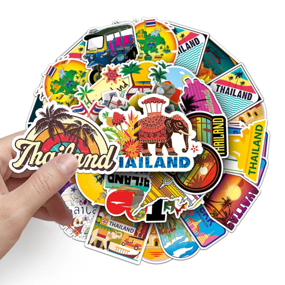 Thai Scenery Graffiti Stickers 50 Pack | Travel-Themed Decals for Laptops and Phones close-up view