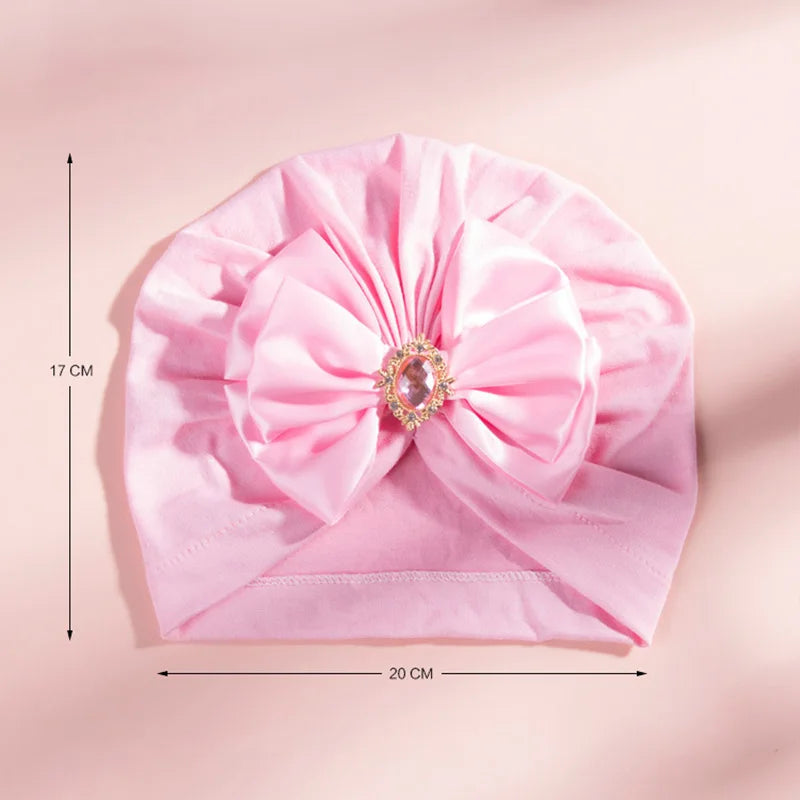 Solid Color Baby Turban Bow Beanie with Rhinestone | Handmade Infant Cap for Girls 0-2 Y detail view
