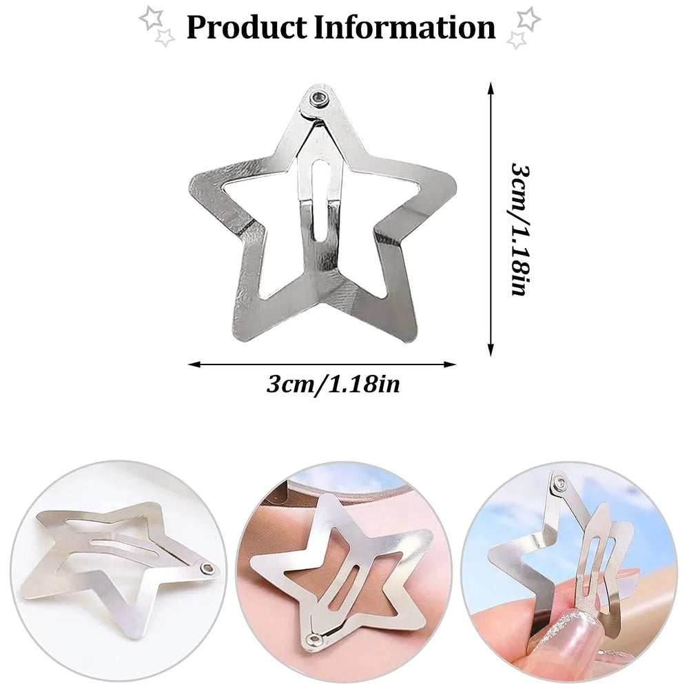 10/25/50/100/200pcs Y2K Silver Star Hair Clips for Girls Metal Snap Clip Hairpins Barret detail view