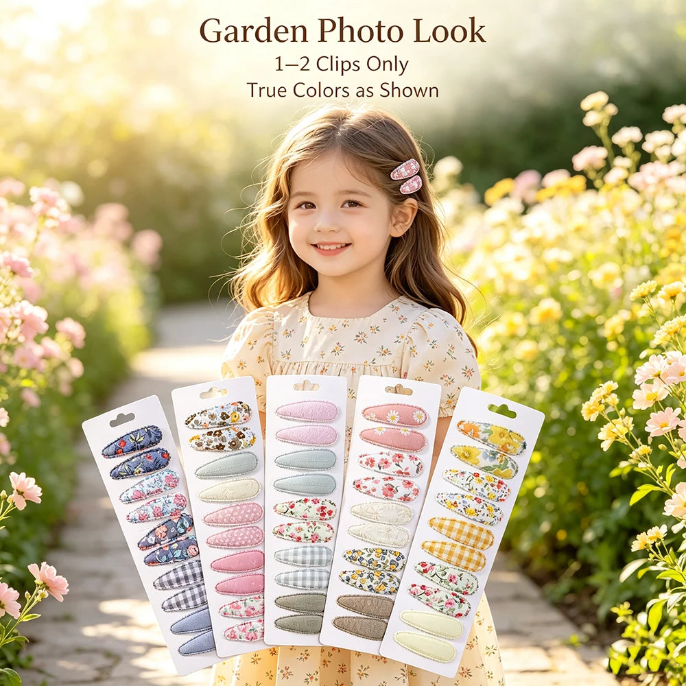 10Pcs/Lot Fresh Print Cotton Alloy Hair Clips for Kids Fabric Plaid BB Hairpins Girl H close-up view
