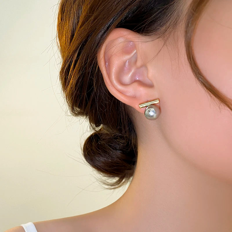 Grey Imitation Pearl Drop Earrings | French Minimalist Jewelry for Women close-up view