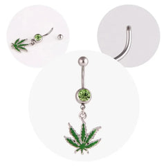 1/2pcs 316L Stainless Steel Leaf Belly Button Ring for Women, Green Maple Leaf Dangle close-up view