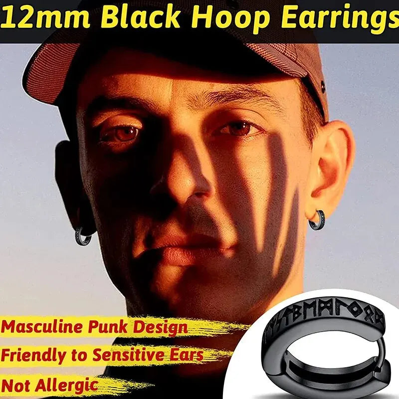 Viking Rune Hoop Earrings | Stainless Steel Norse Jewelry for Men and Women lifestyle view