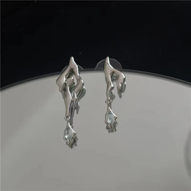 2025 New Cool Liquid Metal Geometric Irregular Zircon Earrings for Woman Man Asymmetri close-up view