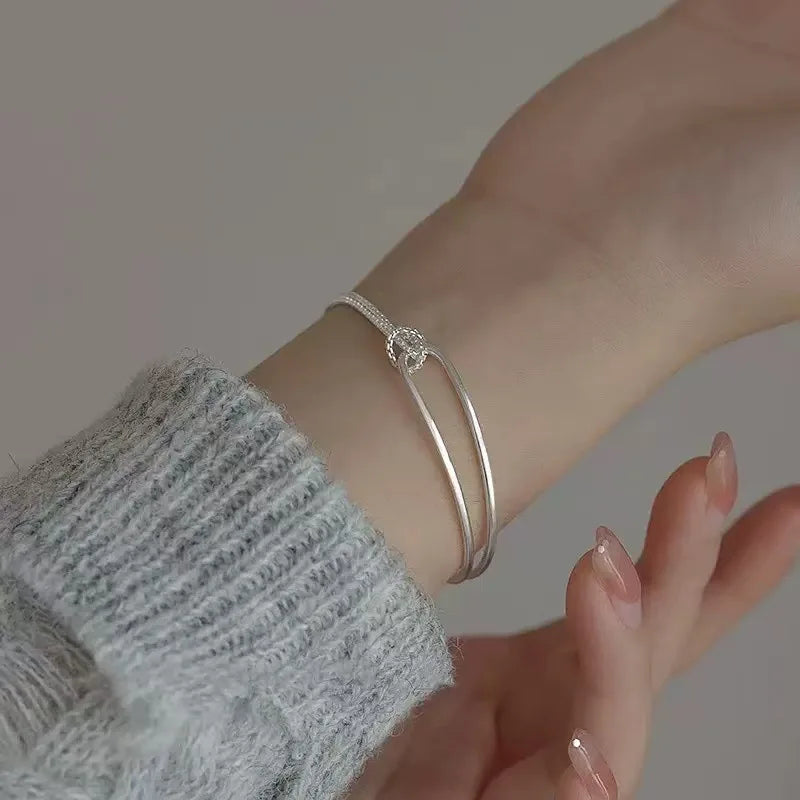 925 Sterling Silver Bracelet | Light Luxury Minimalist Half-Bangle Half-Chain Jewel additional angle