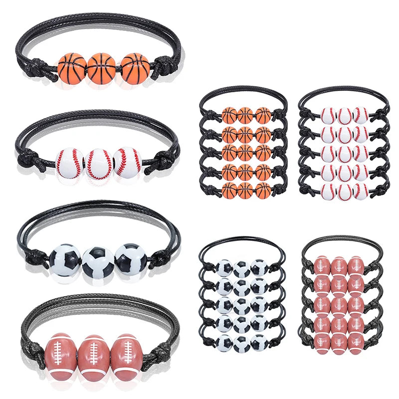 5/10pcs Football Baseball Basketball Beads Charm Adjustable Bracelets for Sports Theme Birthday Part