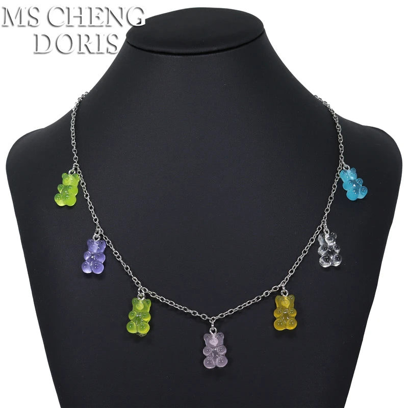 Handmade 33 Styles Colors Cute Resin Gummy Bear Chain Necklaces, Candy Color Pendan additional angle